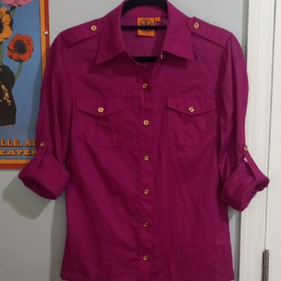 Tory Burch Brigitte Pink Purple Long Sleeve Roll Tab Button Up Blouse - Picture 13 of 14